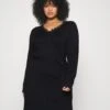 V Ausschnitt Mini Strickkleid Mit Gürtel Und Spitzeneinsatz - Robe Pull - Black